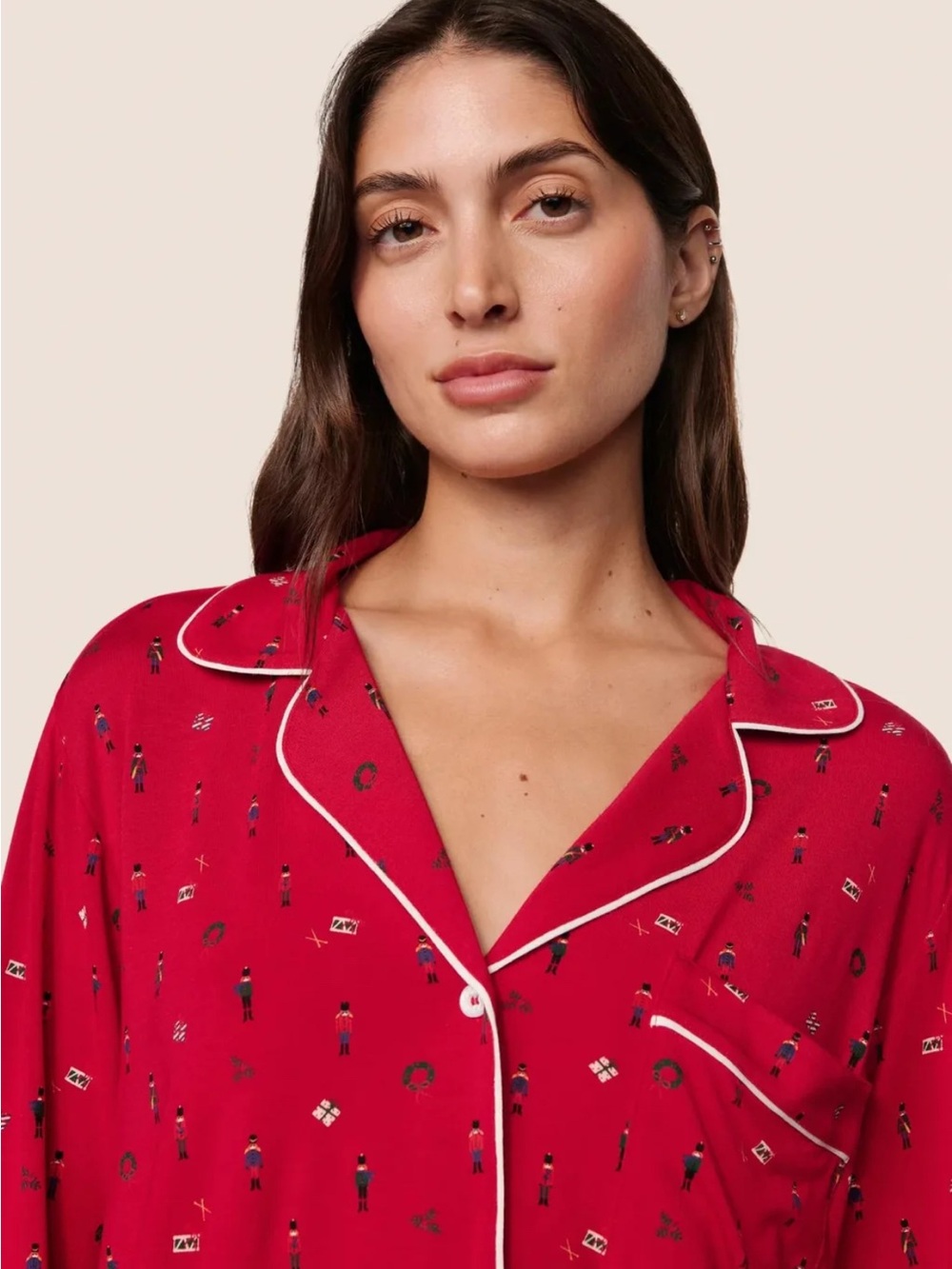 Eberjey Gisele Printed Modal Long PJ Set Nutcracker Holly Red/Ivory Medium